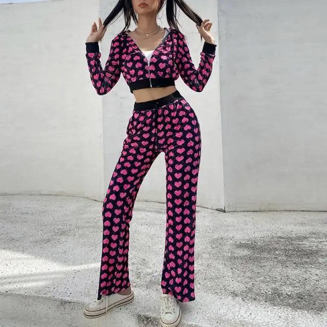 Pink Velvet Heart Print Cropped Bomber Jacket Zip Up Hoodie