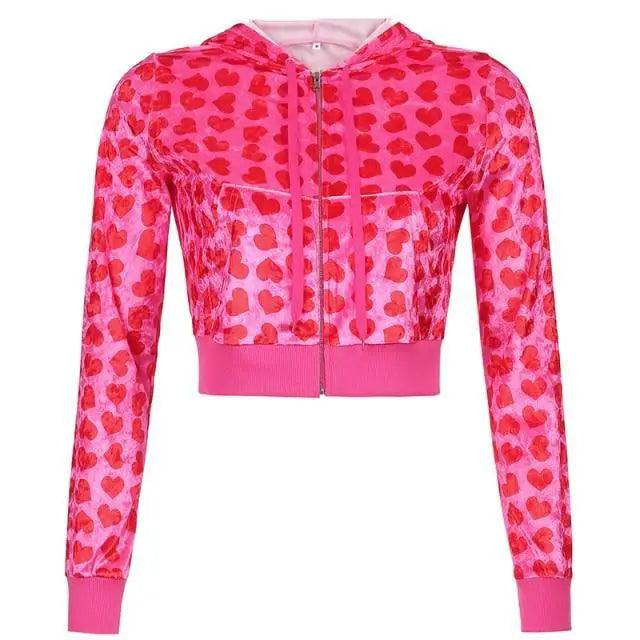 Pink Velvet Heart Print Cropped Bomber Jacket Zip Up Hoodie