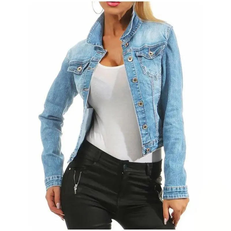 Women Denim Cropped Jean Jacket Distressed Button Up Casual Coat