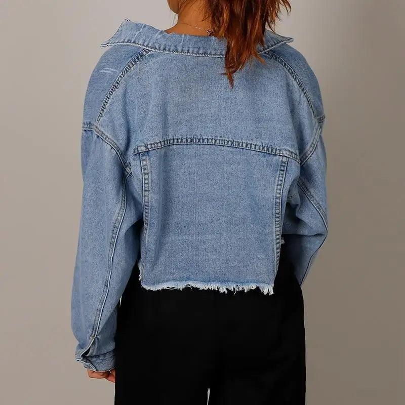 Women Denim Cropped Jean Jacket Distressed Button Up Casual Coat