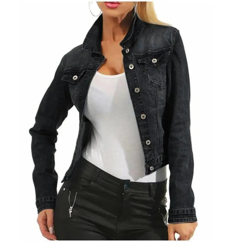 Women Denim Cropped Jean Jacket Distressed Button Up Casual Coat