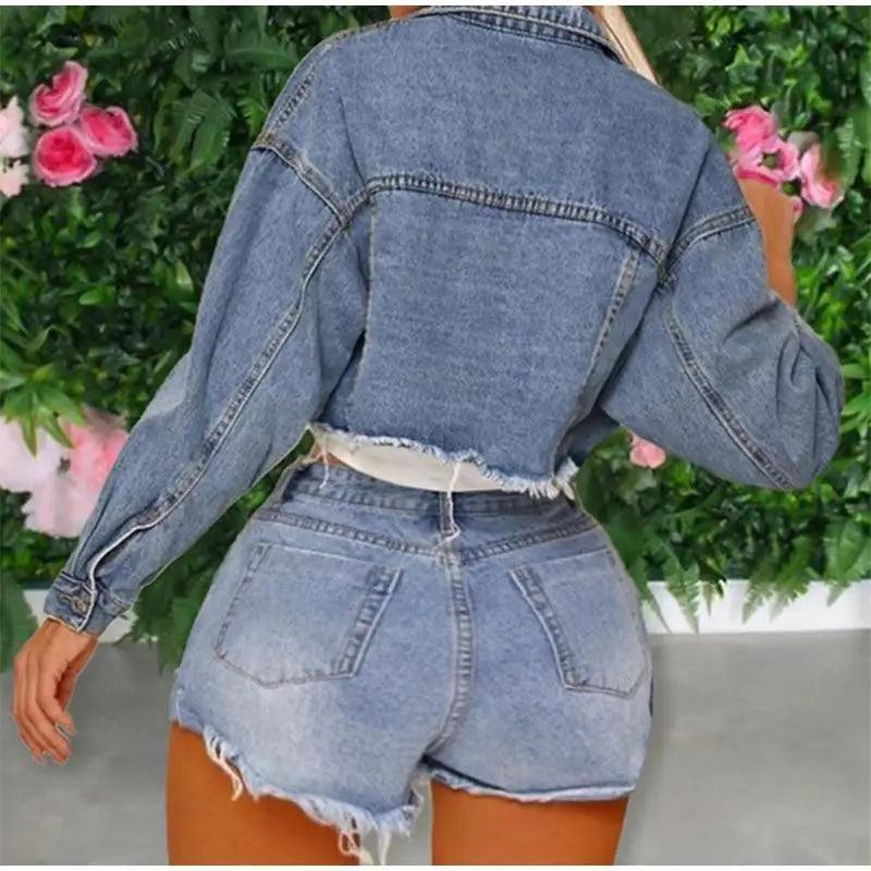 Women Denim Cropped Jean Jacket Distressed Button Up Casual Coat