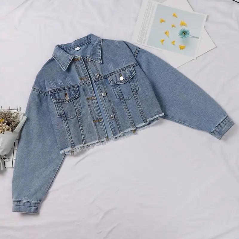 Women Denim Cropped Jean Jacket Distressed Button Up Casual Coat
