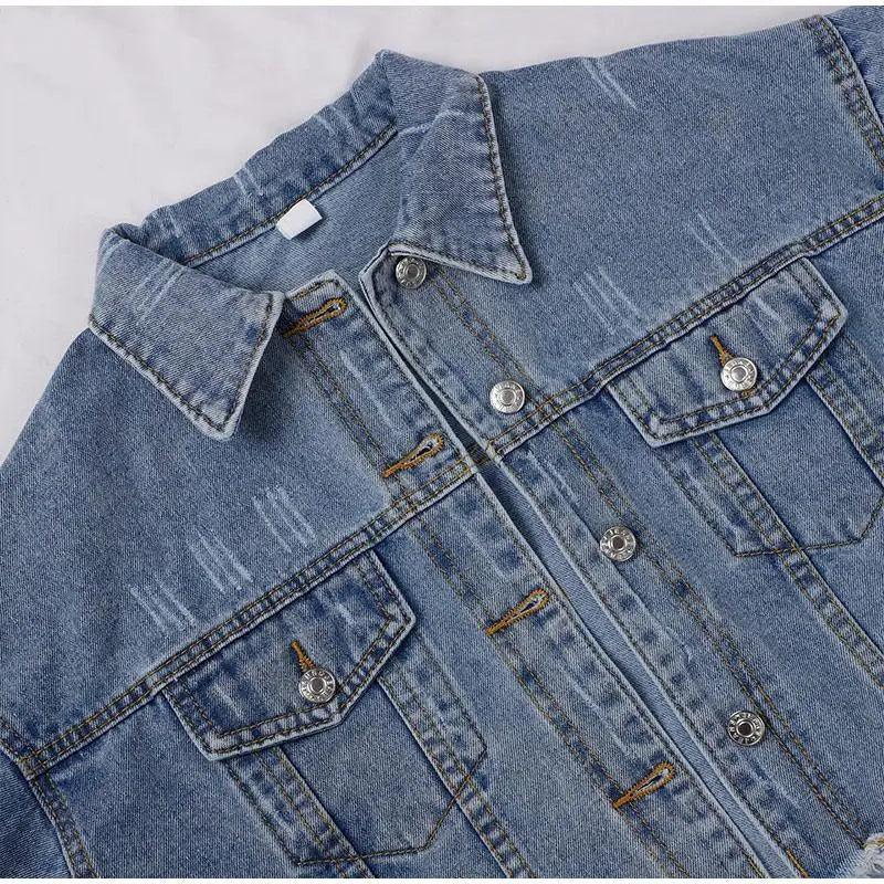 Women Denim Cropped Jean Jacket Distressed Button Up Casual Coat