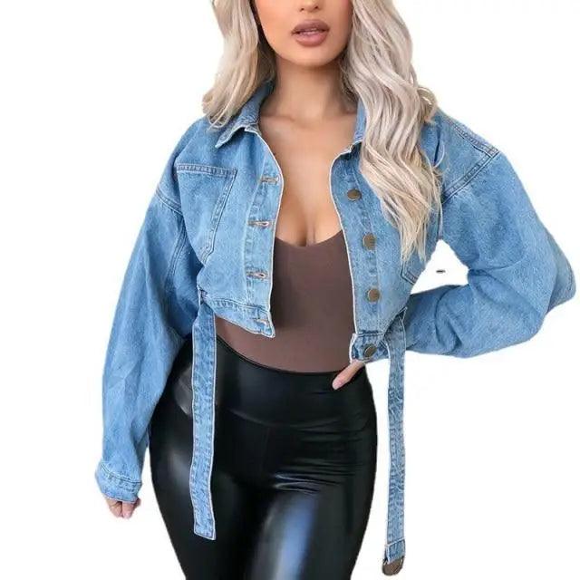Women Denim Cropped Jean Jacket Distressed Button Up Casual Coat