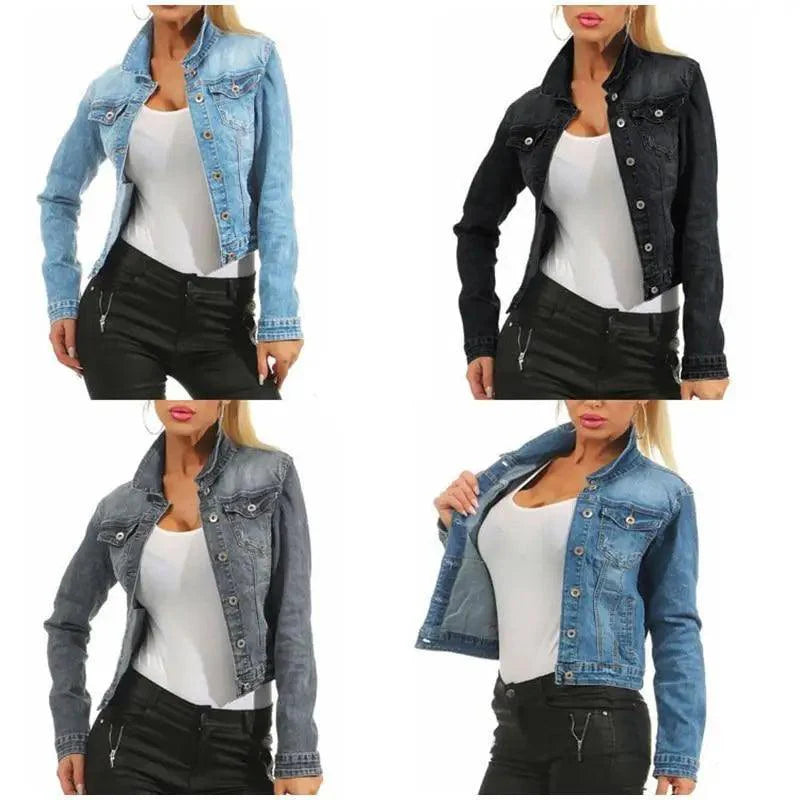 Women Denim Cropped Jean Jacket Distressed Button Up Casual Coat