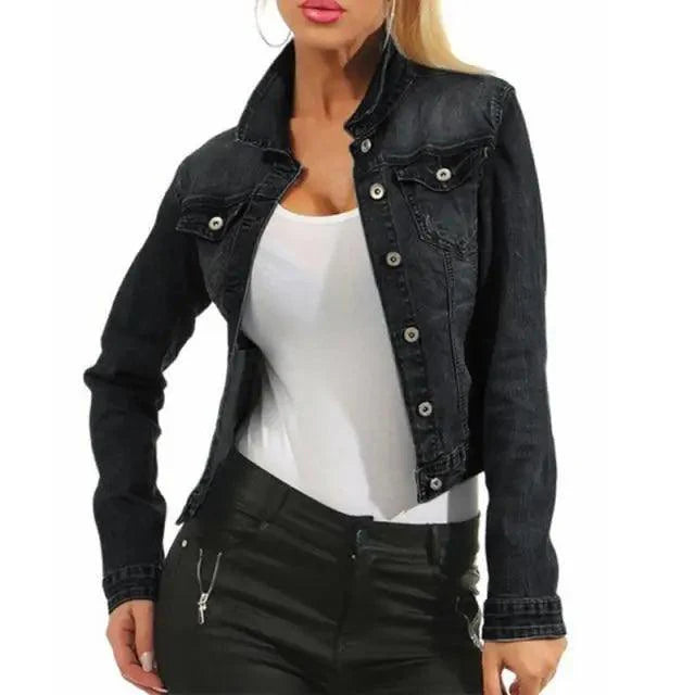 Women Denim Cropped Jean Jacket Distressed Button Up Casual Coat