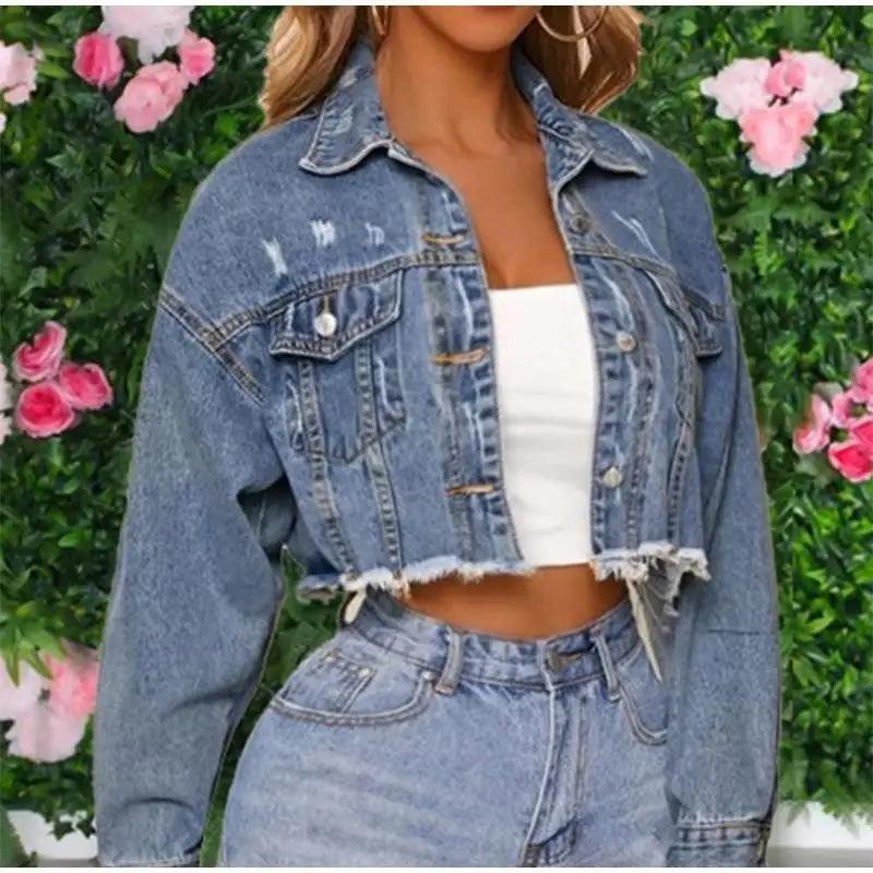 Women Denim Cropped Jean Jacket Distressed Button Up Casual Coat