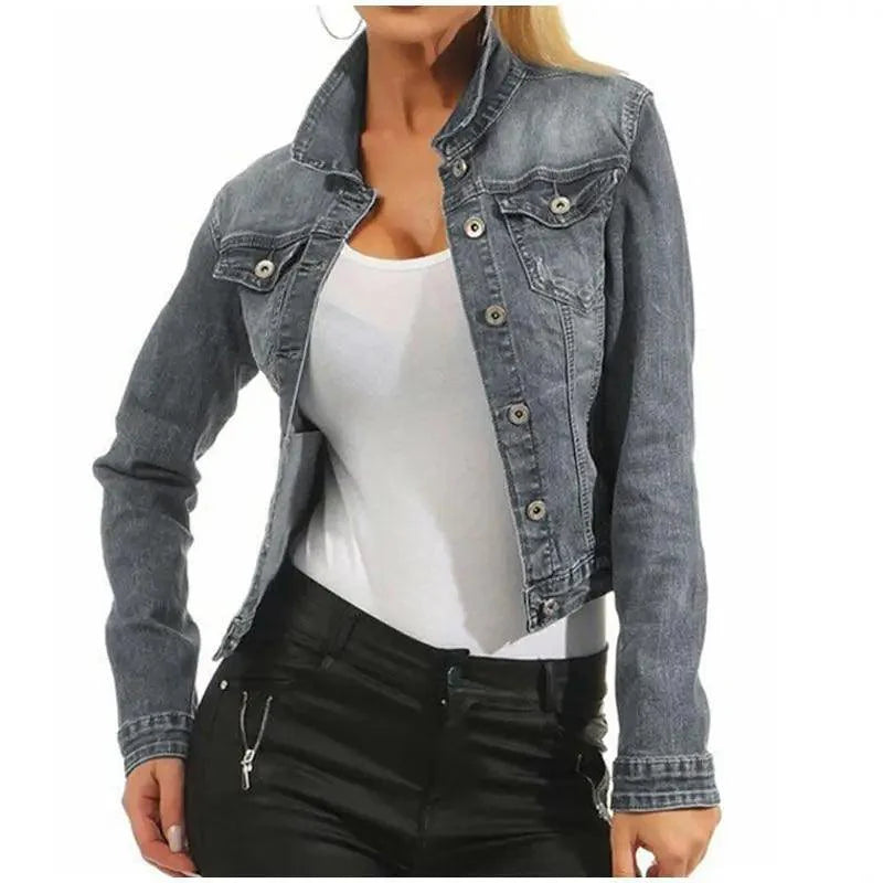 Women Denim Cropped Jean Jacket Distressed Button Up Casual Coat