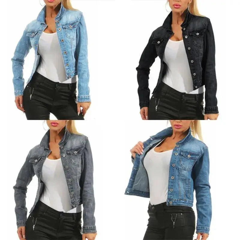 Women Denim Cropped Jean Jacket Distressed Button Up Casual Coat
