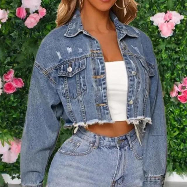 Women Denim Cropped Jean Jacket Distressed Button Up Casual Coat