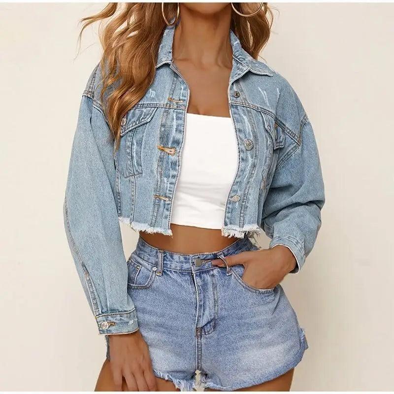 Women Denim Cropped Jean Jacket Distressed Button Up Casual Coat