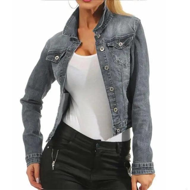 Women Denim Cropped Jean Jacket Distressed Button Up Casual Coat