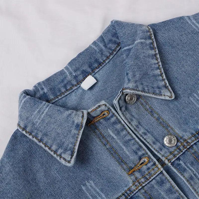 Women Denim Cropped Jean Jacket Distressed Button Up Casual Coat