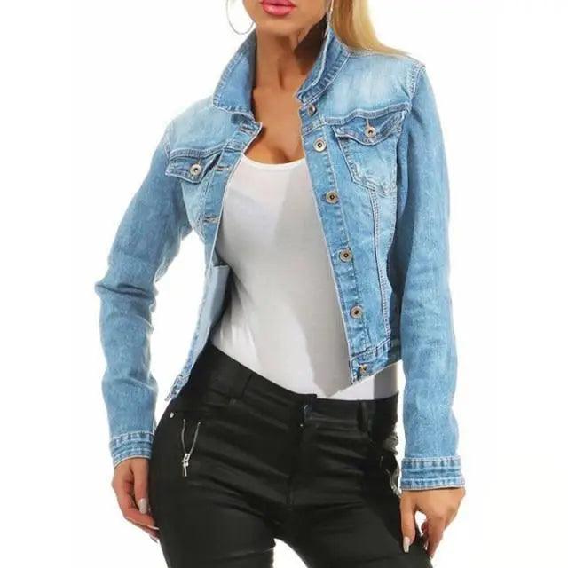 Women Denim Cropped Jean Jacket Distressed Button Up Casual Coat