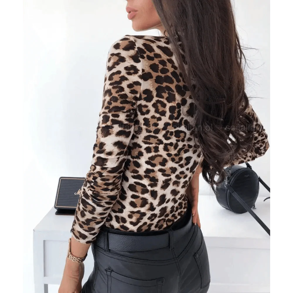 Women’s Animal Print V-Neck Blouse Slim Fit Button Down Top