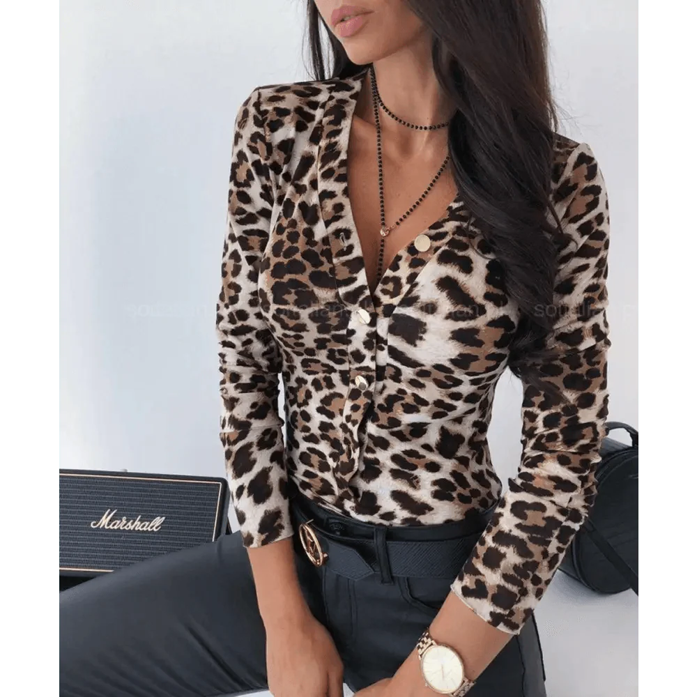 Women’s Animal Print V-Neck Blouse Slim Fit Button Down Top