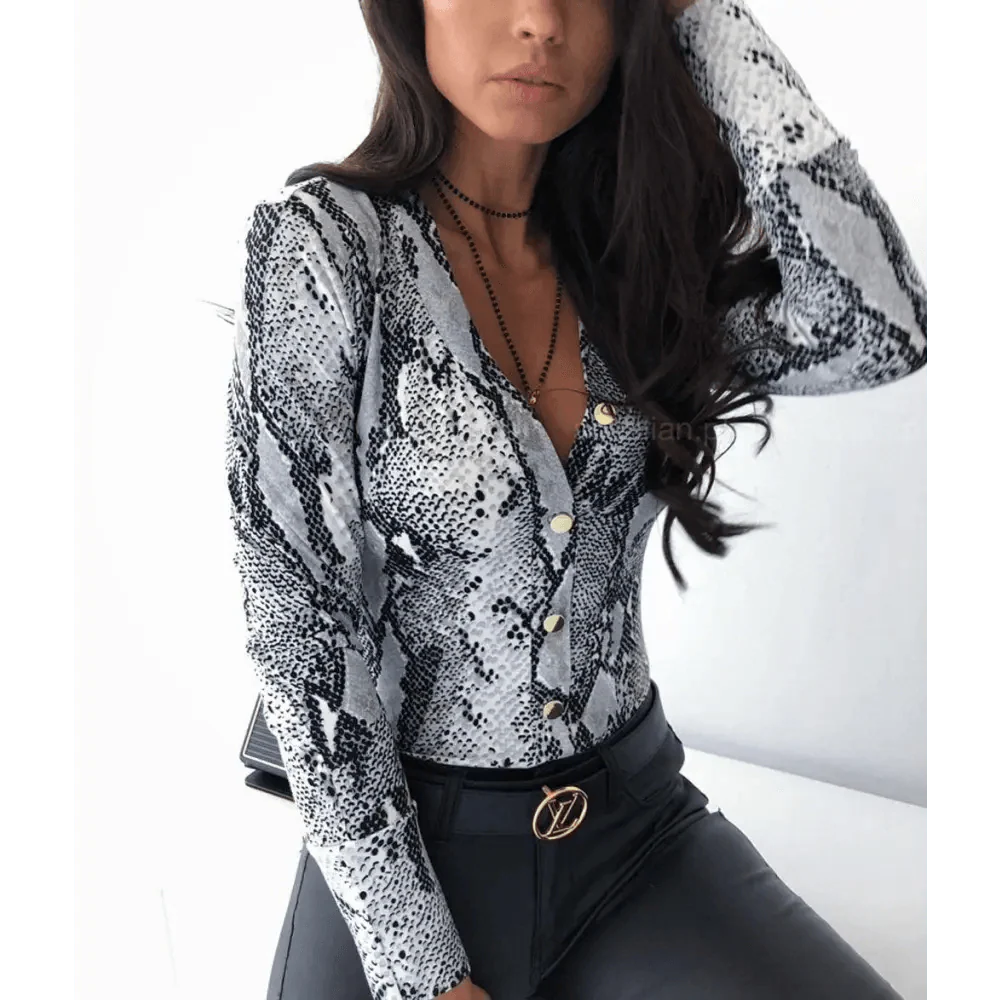 Women’s Animal Print V-Neck Blouse Slim Fit Button Down Top