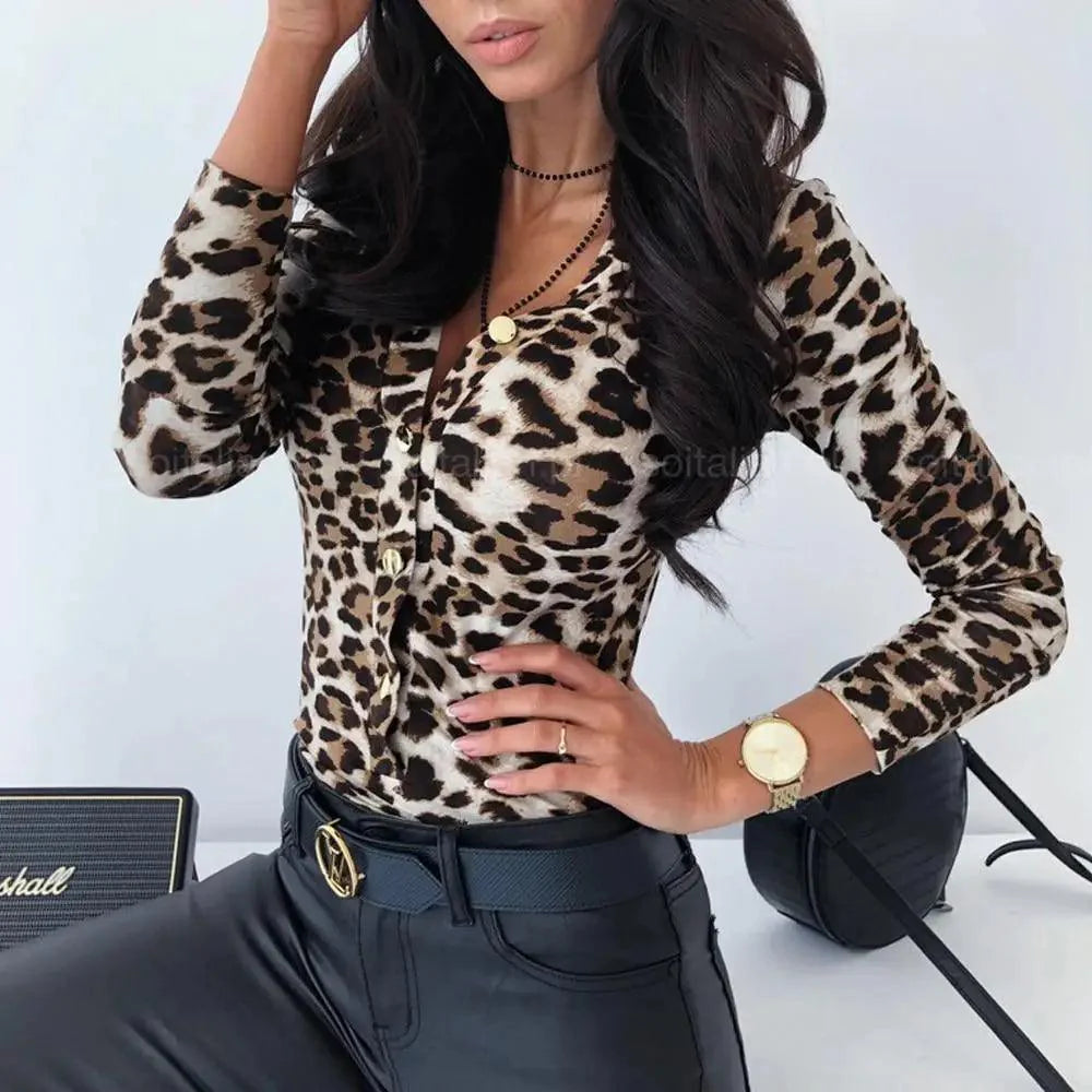 Women’s Animal Print V-Neck Blouse Slim Fit Button Down Top