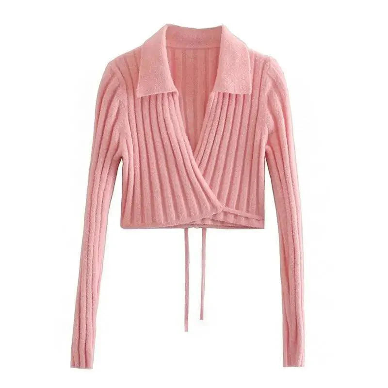 Lace-Up Bow V-Neck Sweater in Pink Romantic Knit