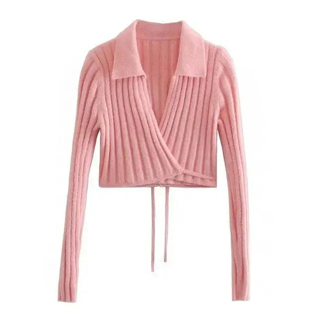 Lace-Up Bow V-Neck Sweater in Pink Romantic Knit