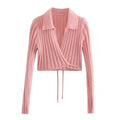 Lace-Up Bow V-Neck Sweater in Pink Romantic Knit