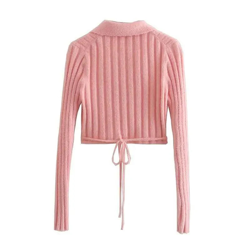 Lace-Up Bow V-Neck Sweater in Pink Romantic Knit