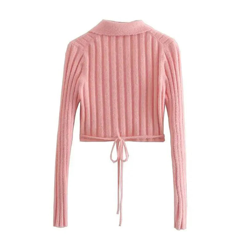 Lace-Up Bow V-Neck Sweater in Pink Romantic Knit