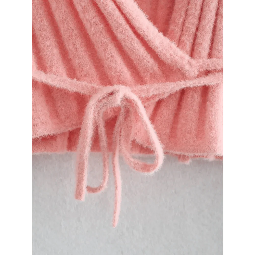 Lace-Up Bow V-Neck Sweater in Pink Romantic Knit