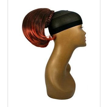 Close up of DN-2323 Kanekalon hair extensions featuring a modern black and red two-tone color profile.