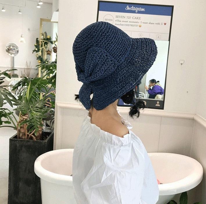 Women's Wide Brim Foldable Straw Sun Hat with Bow for Beach Summer