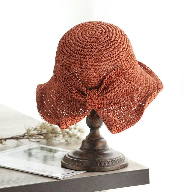 Women's Wide Brim Foldable Straw Sun Hat with Bow for Beach Summer