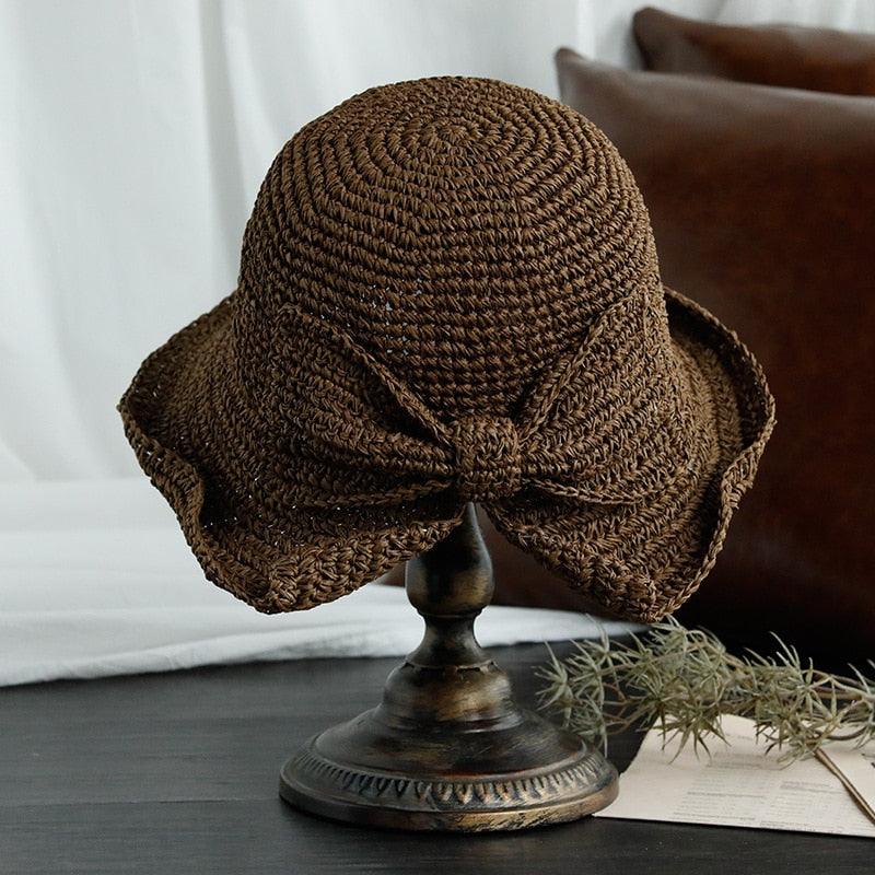 Women's Wide Brim Foldable Straw Sun Hat with Bow for Beach Summer