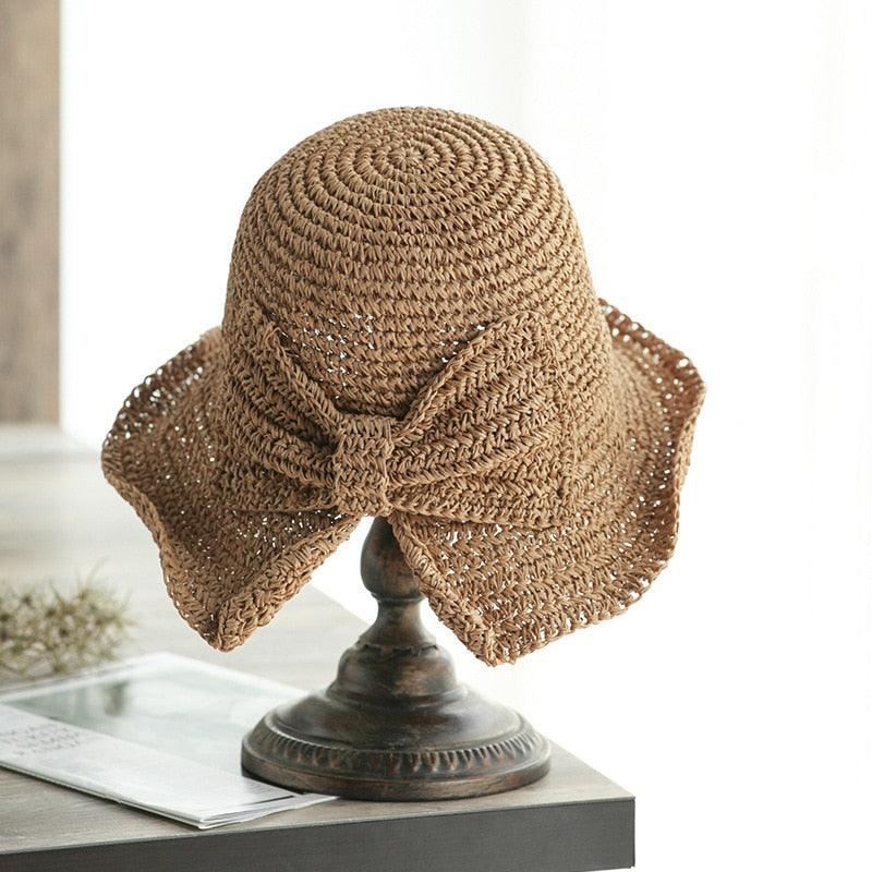 Women's Wide Brim Foldable Straw Sun Hat with Bow for Beach Summer