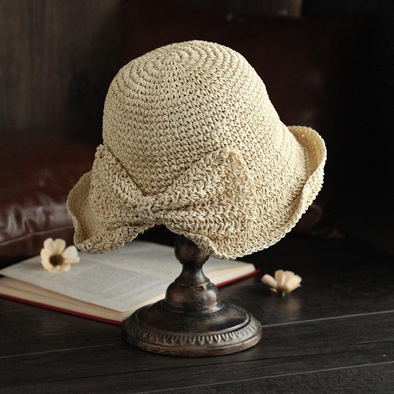 Women's Wide Brim Foldable Straw Sun Hat with Bow for Beach Summer