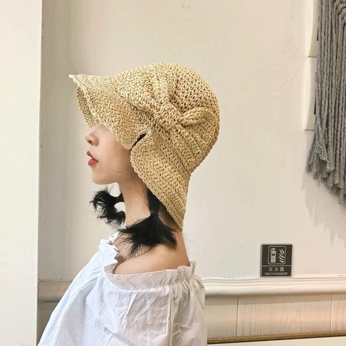 Women's Wide Brim Foldable Straw Sun Hat with Bow for Beach Summer