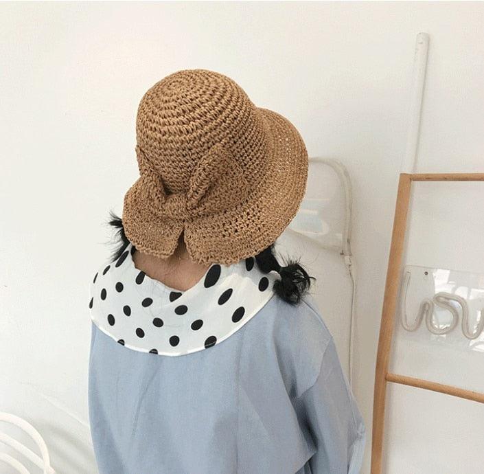 Women's Wide Brim Foldable Straw Sun Hat with Bow for Beach Summer