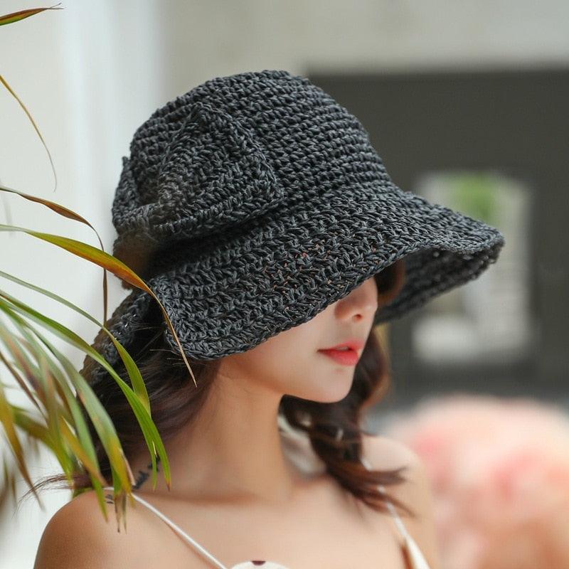 Women's Wide Brim Foldable Straw Sun Hat with Bow for Beach Summer