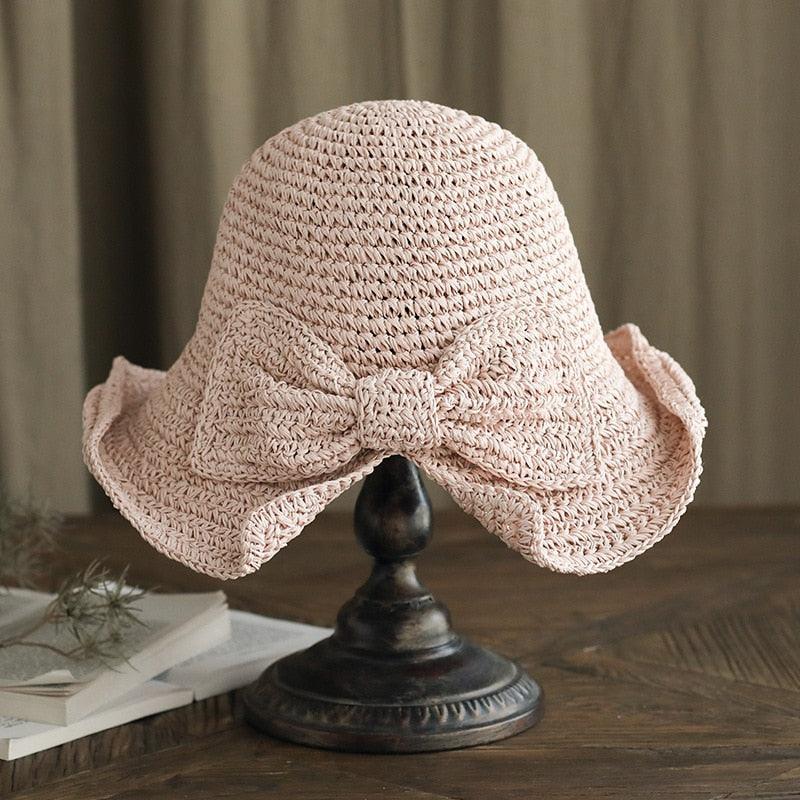 Women's Wide Brim Foldable Straw Sun Hat with Bow for Beach Summer