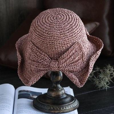 Women's Wide Brim Foldable Straw Sun Hat with Bow for Beach Summer