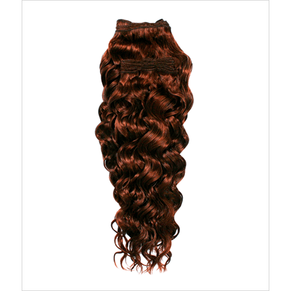 Woman wearing glamorous Spanish Wave human hair extensions in auburn and red-brown.