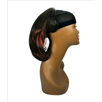 Layered string hair extension in black and red made with Kanekalon fibers.