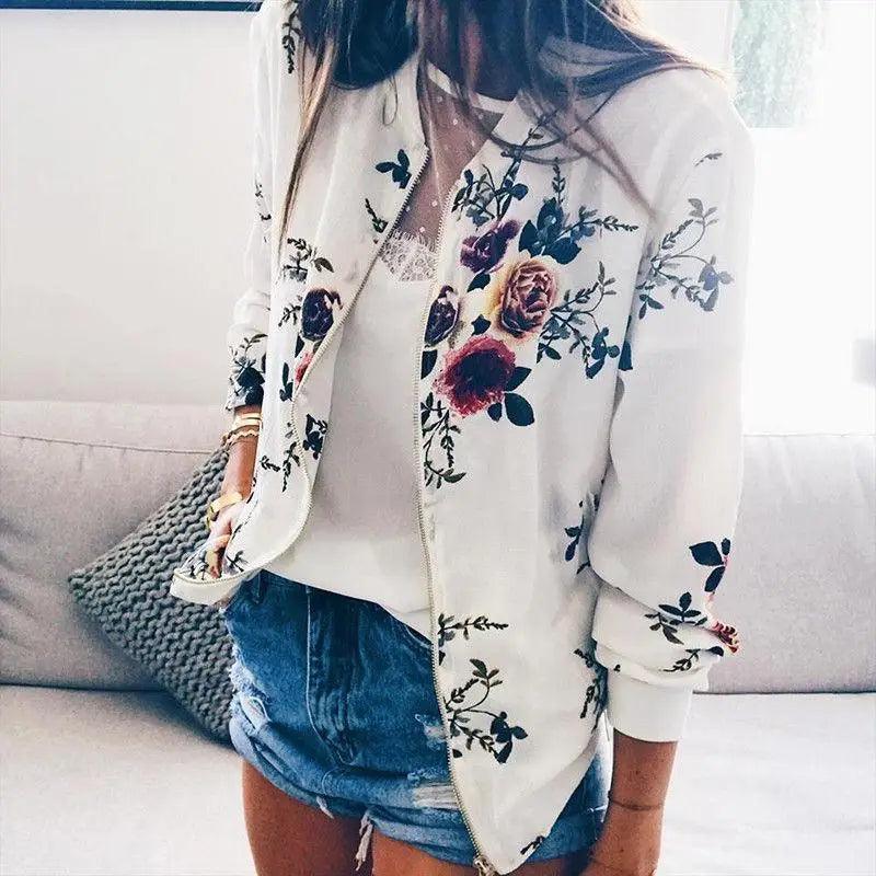 Women's Floral Bomber Jacket Zip-Up Lightweight Slim Casual Coat