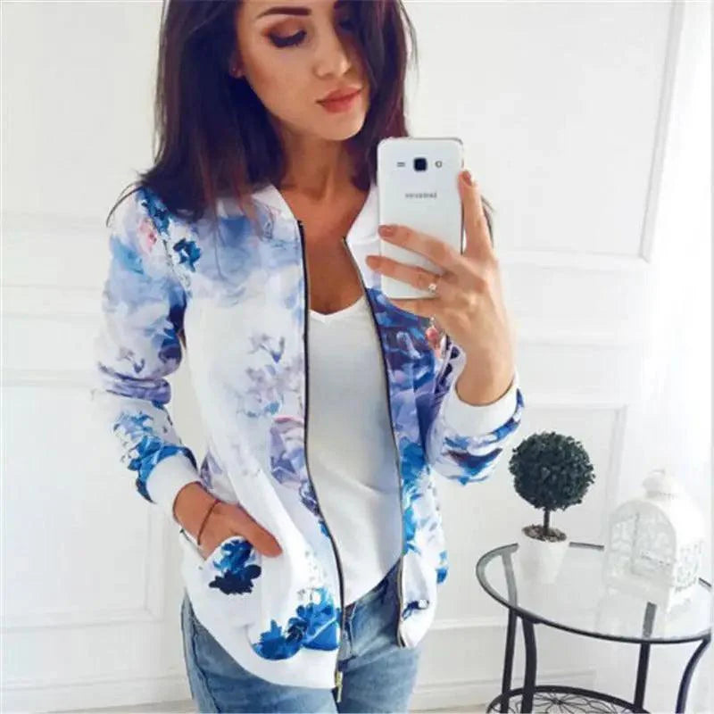Women's Floral Bomber Jacket Zip-Up Lightweight Slim Casual Coat