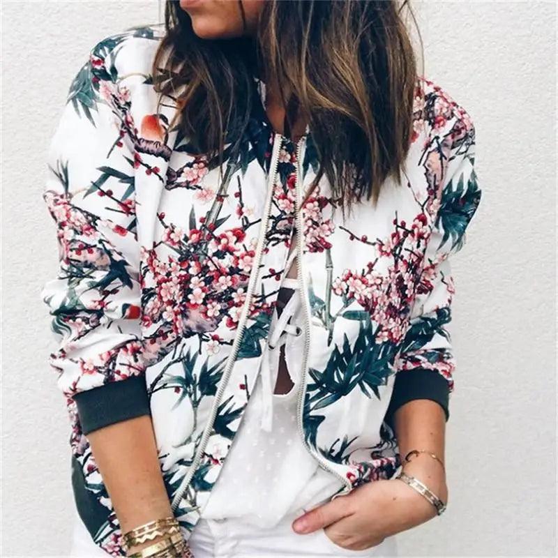 Women's Floral Bomber Jacket Zip-Up Lightweight Slim Casual Coat