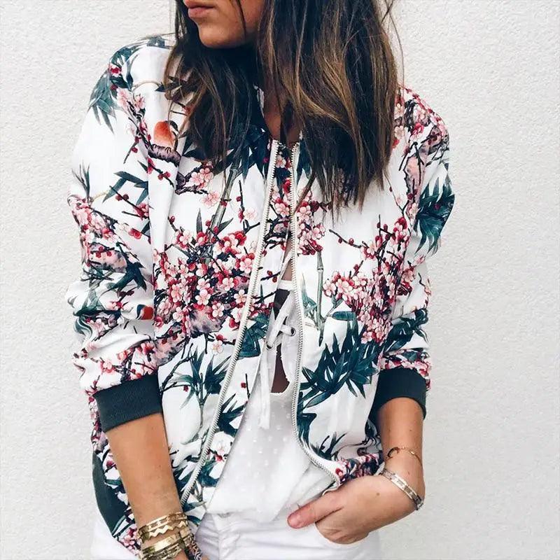 Women's Floral Bomber Jacket Zip-Up Lightweight Slim Casual Coat