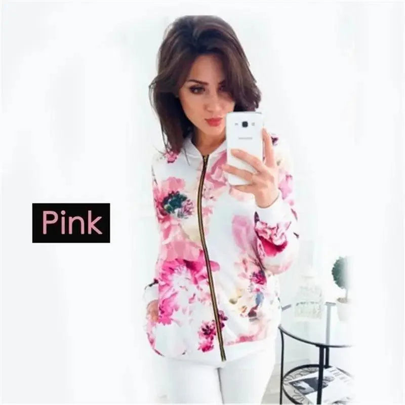 Women's Floral Bomber Jacket Zip-Up Lightweight Slim Casual Coat