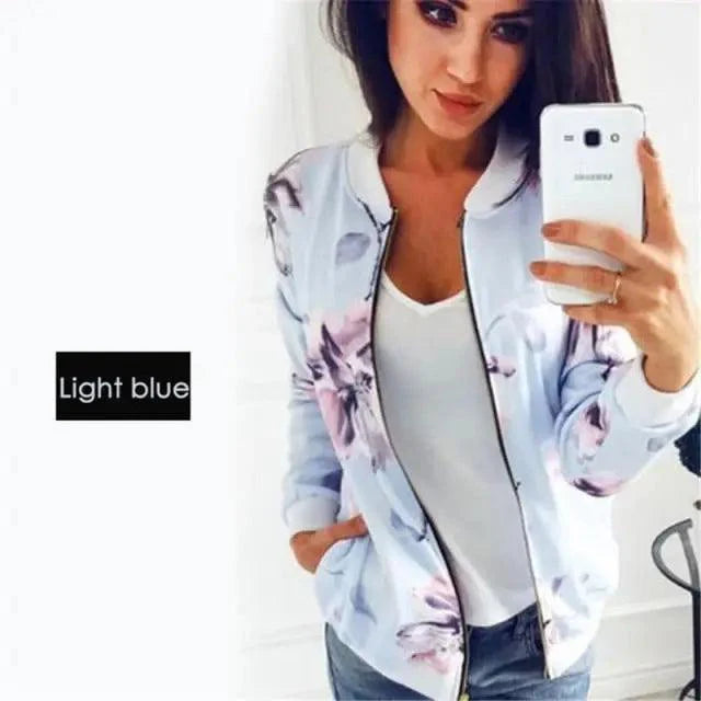 Women's Floral Bomber Jacket Zip-Up Lightweight Slim Casual Coat