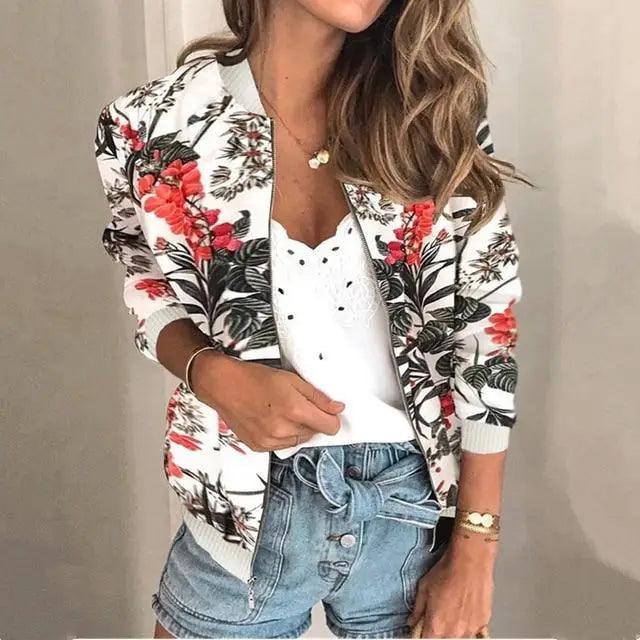 Women's Floral Bomber Jacket Zip-Up Lightweight Slim Casual Coat
