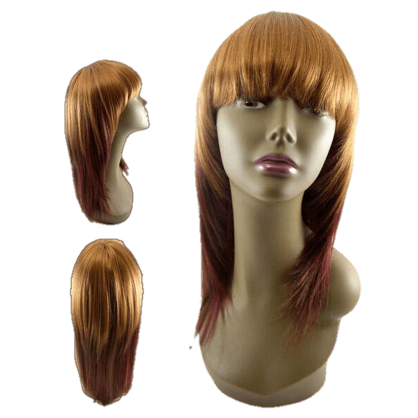 Model wearing the modern and edgy Unique Nikki Wig in burgundy and brown shades.